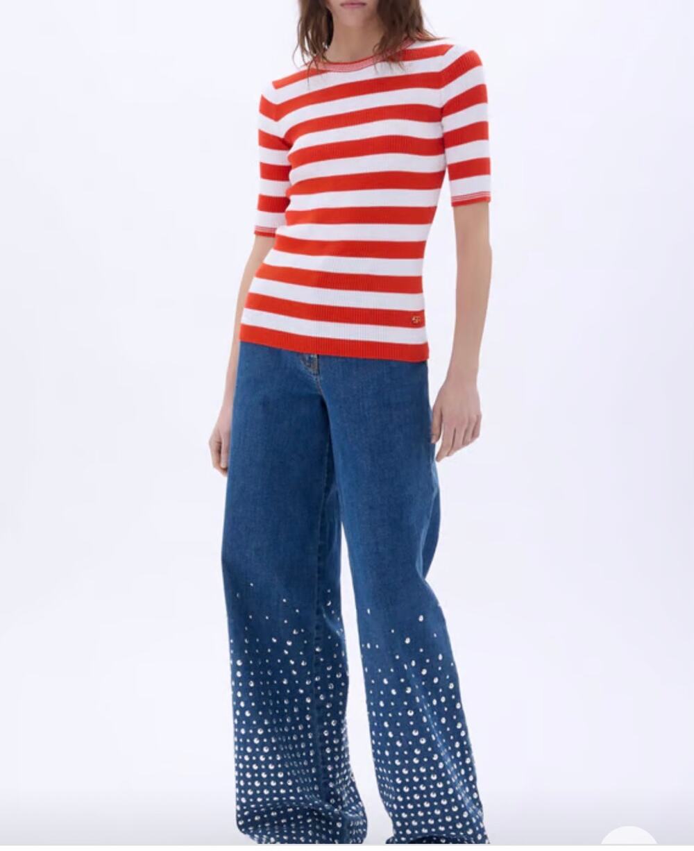 Sonia Rykiel Short Sleeve Stripe Sweater in Tangerine and White Stripe XS